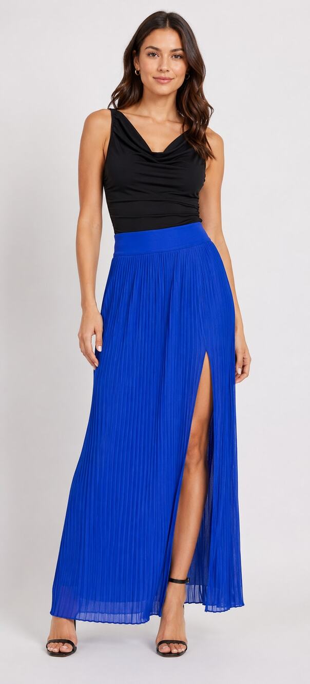 SHAN Womens Mia Pleated Mesh Maxi Skirt Royal Blue Front Slit Size 6